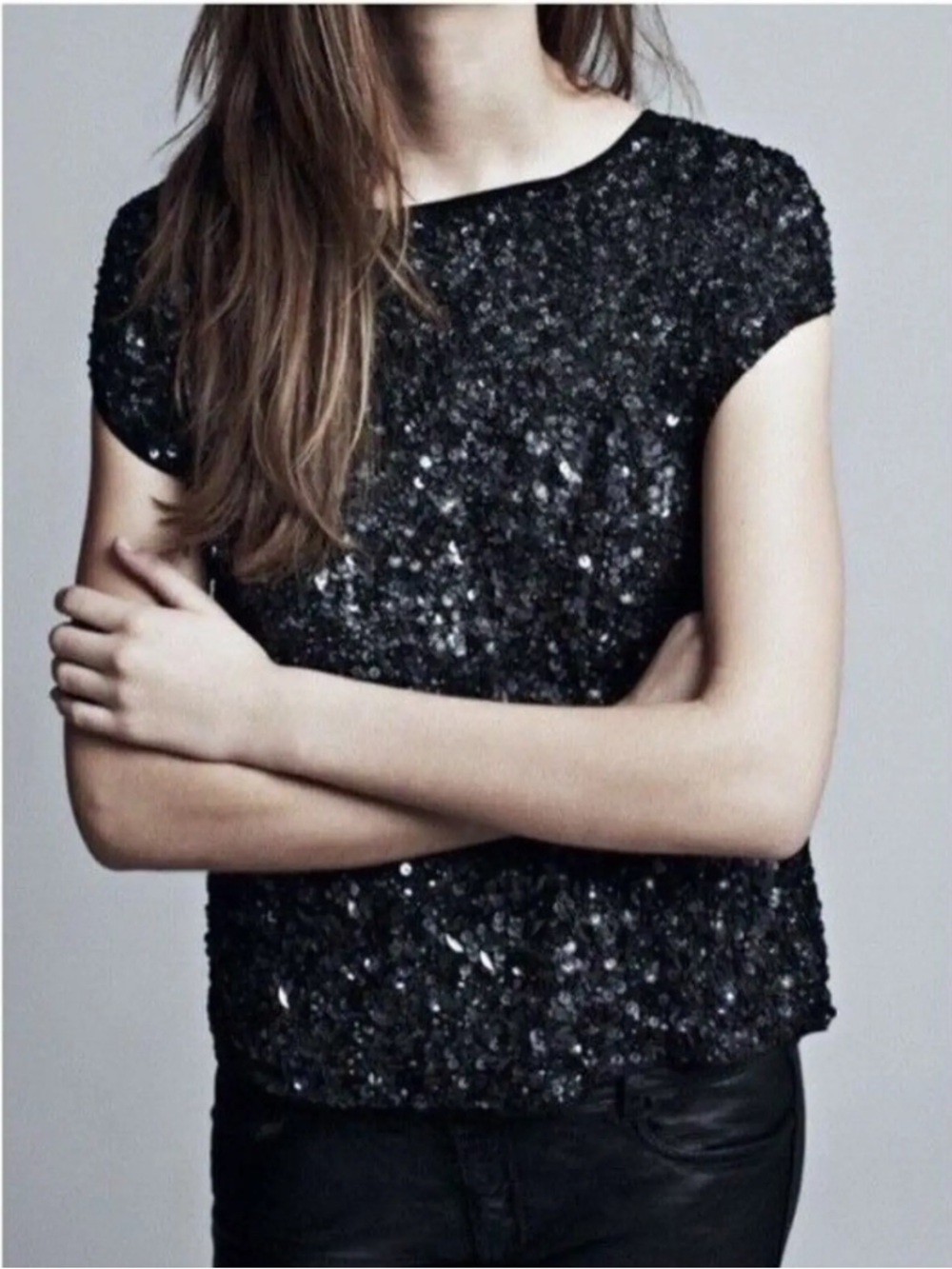 All Saints Black Sequin Short Sleeve Top